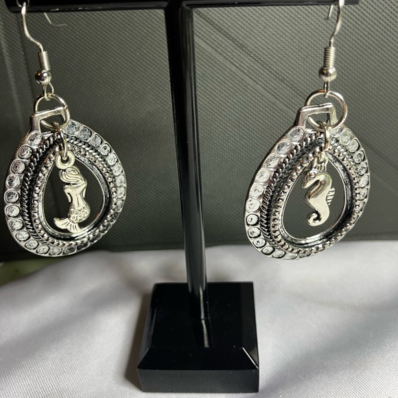 Artisan Jewelry - Artisan made Silver tone Seahorse & Mermaid Earrings